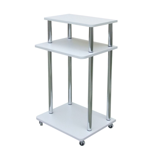 Stolik pod aparaturę medyczną ST z trzema półkami i chromowanymi nogami na kółkach.