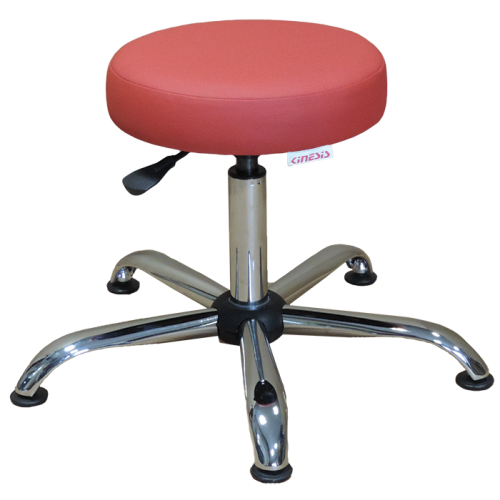 Taboret lekarski CH1 z regulacją wysokości, chromowaną podstawą i czerwonym siedziskiem.