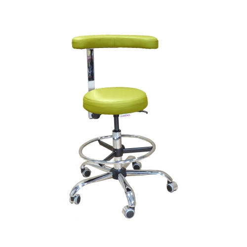 Taboret lekarski CH4 z kółkami, podnóżkiem i oparciem, w zielonej tapicerce, z regulacją wysokości.