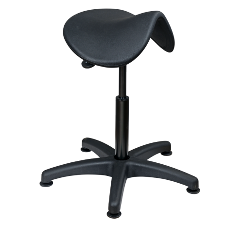 Taboret lekarski ETA z siedziskiem typu siodło i czarną podstawą, z regulacją wysokości.