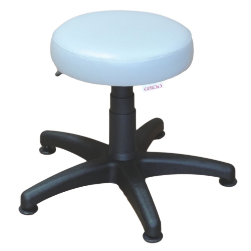 Taboret lekarski PL1 z regulacją wysokości, czarną podstawą i jasnym tapicerowanym siedziskiem.