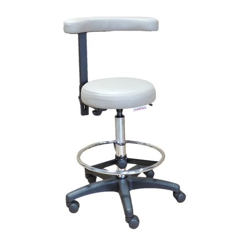 Taboret lekarski PL4 z kółkami, podnóżkiem i oparciem, z jasną tapicerką i regulacją wysokości.