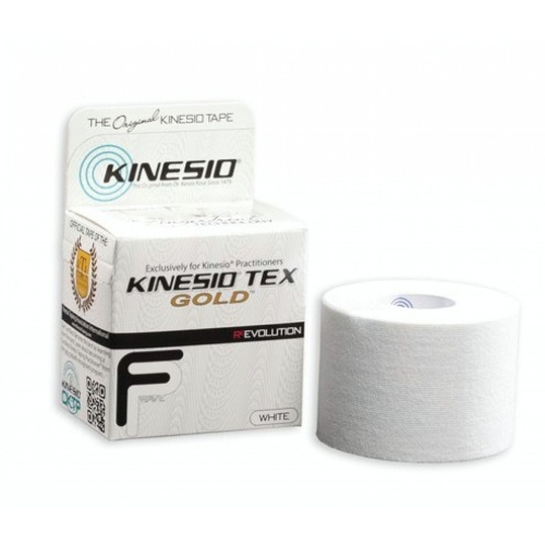 Taśma Kinesio Tex Gold w kolorze białym, prezentacja rolki i pudełka.