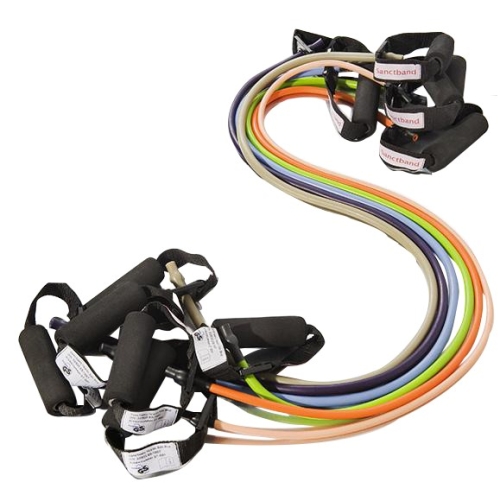 Wielokolorowy komplet gum oporowych Sanctband z uchwytami do ćwiczeń.