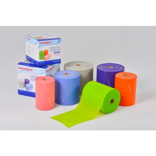 Zestaw taśm Sanctband w różnych oporach i kolorach, w tym wariant pomarańczowy.