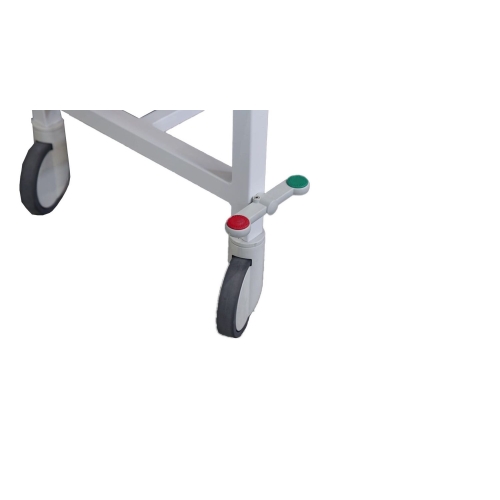 Kółko jezdne wózka TRUCK-SW z pedałami blokady koloru czerwonego i zielonego.