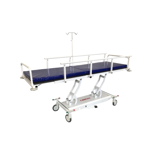 Wózek transportowo-kąpielowy TRUCK-ZW z regulacją wysokości i bocznymi barierkami.