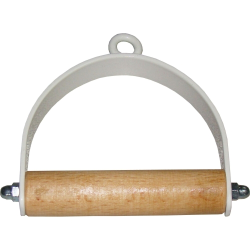 Metalowy uchwyt na linkę z drewnianą rączką, przeznaczony do ćwiczeń rehabilitacyjnych.