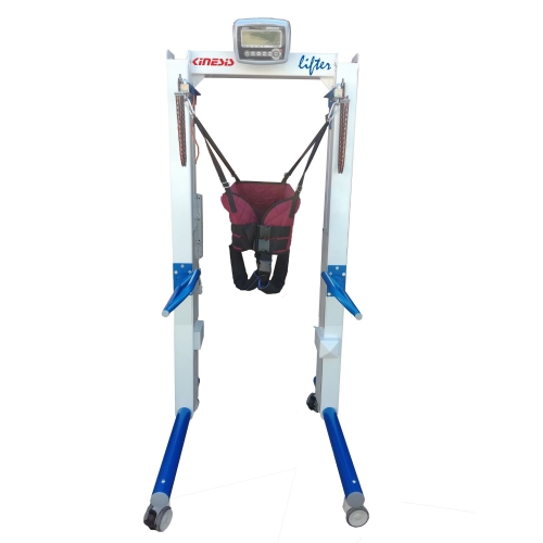 LIFTER z zamocowaną uprzężą do odciążenia pacjenta podczas nauki chodu, widok od przodu.