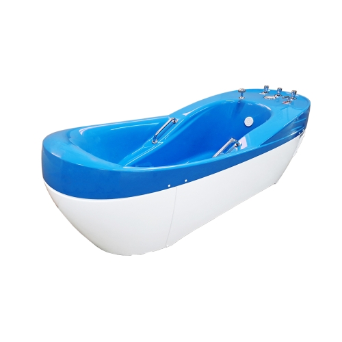 Niebiesko-biała wanna AQUANESIS EA wyposażona w uchwyty i system hydromasażu.