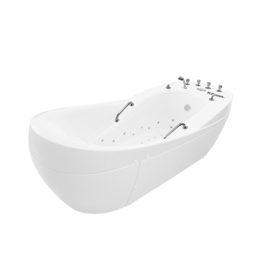 Biała wanna AQUANESIS EA z kompletnym panelem sterowania i rozmieszczeniem dysz masażu.