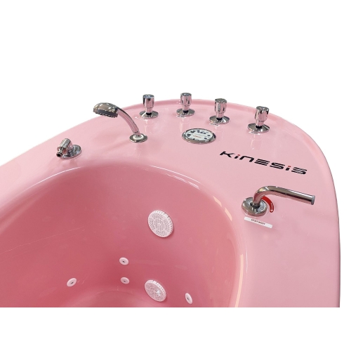 Panel sterowania i górna część różowej wanny AQUANESIS E z bateriami i dyszami masażu.