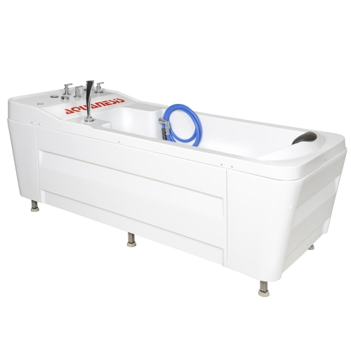 Biała wanna AQUARIUS E z panelem sterowania i elastycznym wężem zabiegowym do masażu wodnego.