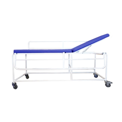 Wózek do przewozu pacjentów KZ-CH z barierkami ochronnymi i regulacją kąta oparcia.