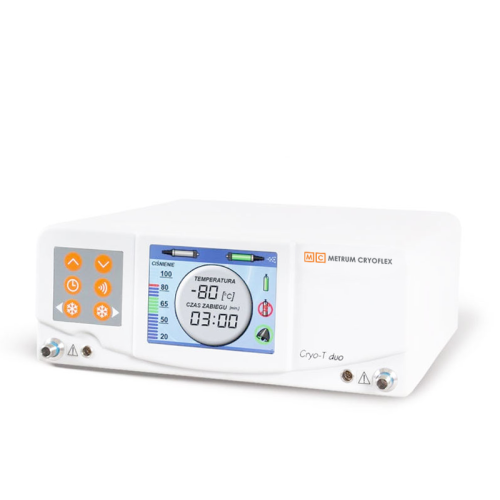 Aparat Cryo-T Duo firmy Metrum Cryoflex z panelem sterującym i wyświetlaczem parametrów zabiegu.